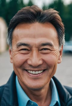 A man 50 years old with a genuine smile stands outside in a lively area showcasing a friendly demeanor and enjoying the beautiful day among vibrant surroundings. A resident of Kazakhstan. AI generate.