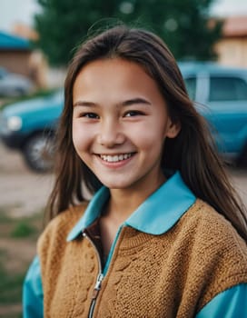A cheerful young girl with long hair is smiling warmly, showcasing her happiness. Portrait of a pretty cheerful brunette girl, 15 years old, resident of Kazakhstan. Generative AI.