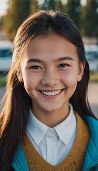 A cheerful young girl with long hair is smiling warmly, showcasing her happiness. Portrait of a pretty cheerful brunette girl, 15 years old, resident of Kazakhstan. Generative AI.