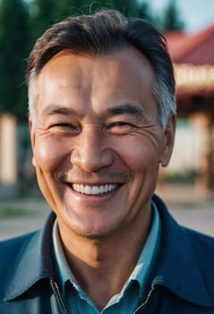 A man 50 years old with a genuine smile stands outside in a lively area showcasing a friendly demeanor and enjoying the beautiful day among vibrant surroundings. A resident of Kazakhstan. AI generate.