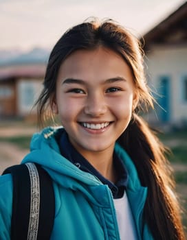 A cheerful young girl with long hair is smiling warmly, showcasing her happiness. Portrait of a pretty cheerful brunette girl, 15 years old, resident of Kazakhstan. Generative AI.
