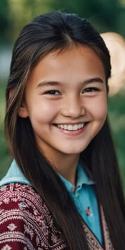 A cheerful young girl with long hair is smiling warmly, showcasing her happiness. Portrait of a pretty cheerful brunette girl, 15 years old, resident of Kazakhstan. Generative AI.