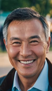 A man 50 years old with a genuine smile stands outside in a lively area showcasing a friendly demeanor and enjoying the beautiful day among vibrant surroundings. A resident of Kazakhstan. AI generate.