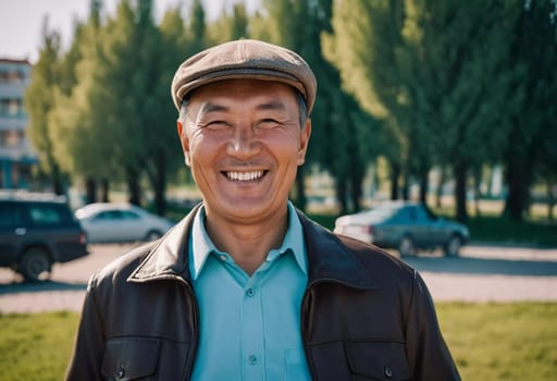 A man 50 years old with a genuine smile stands outside in a lively area showcasing a friendly demeanor and enjoying the beautiful day among vibrant surroundings. A resident of Kazakhstan. AI generate.