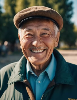An elderly man wearing a light jacket and blue shirt smiles brightly, displaying happiness and contentment in a natural outdoor environment during the day. A resident of Kazakhstan. AI generated