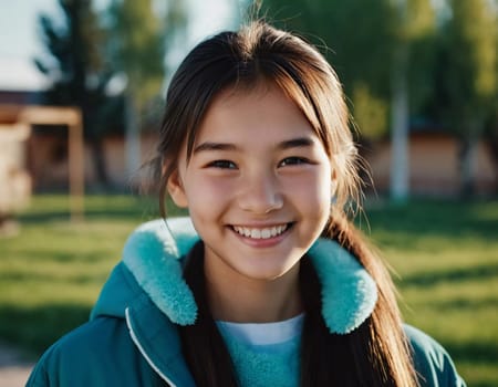 A cheerful young girl with long hair is smiling warmly, showcasing her happiness. Portrait of a pretty cheerful brunette girl, 15 years old, resident of Kazakhstan. Generative AI.