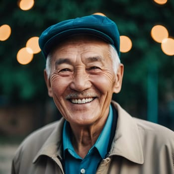 An elderly man wearing a light jacket and blue shirt smiles brightly, displaying happiness and contentment in a natural outdoor environment during the day. A resident of Kazakhstan. AI generated
