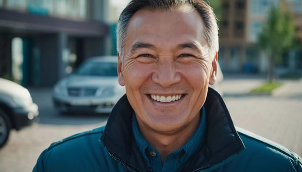 A man 50 years old with a genuine smile stands outside in a lively area showcasing a friendly demeanor and enjoying the beautiful day among vibrant surroundings. A resident of Kazakhstan. AI generate.