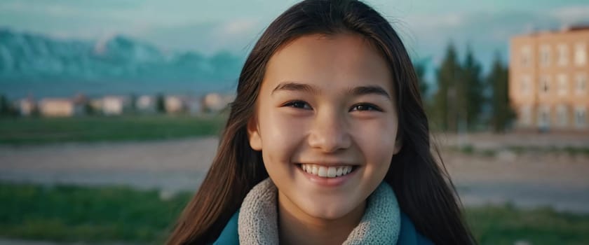 A cheerful young girl with long hair is smiling warmly, showcasing her happiness. Portrait of a pretty cheerful brunette girl, 15 years old, resident of Kazakhstan. Generative AI.