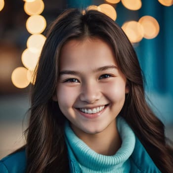 A cheerful young girl with long hair is smiling warmly, showcasing her happiness. Portrait of a pretty cheerful brunette girl, 15 years old, resident of Kazakhstan. Generative AI.