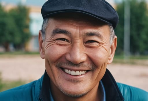 A man 50 years old with a genuine smile stands outside in a lively area showcasing a friendly demeanor and enjoying the beautiful day among vibrant surroundings. A resident of Kazakhstan. AI generate.