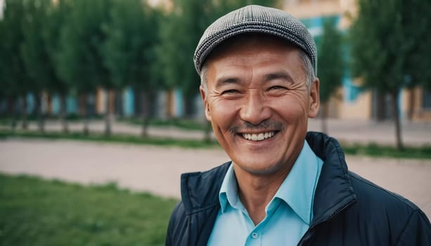 A man 50 years old with a genuine smile stands outside in a lively area showcasing a friendly demeanor and enjoying the beautiful day among vibrant surroundings. A resident of Kazakhstan. AI generate.