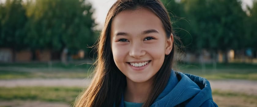A cheerful young girl with long hair is smiling warmly, showcasing her happiness. Portrait of a pretty cheerful brunette girl, 15 years old, resident of Kazakhstan. Generative AI.