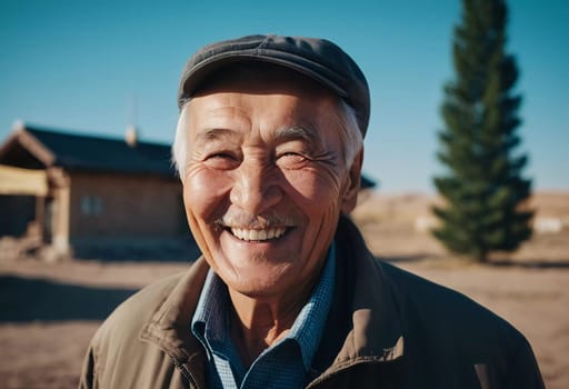 An elderly man wearing a light jacket and blue shirt smiles brightly, displaying happiness and contentment in a natural outdoor environment during the day. A resident of Kazakhstan. AI generated