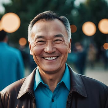 A man 50 years old with a genuine smile stands outside in a lively area showcasing a friendly demeanor and enjoying the beautiful day among vibrant surroundings. A resident of Kazakhstan. AI generate.