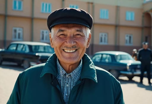 An elderly man wearing a light jacket and blue shirt smiles brightly, displaying happiness and contentment in a natural outdoor environment during the day. A resident of Kazakhstan. AI generated