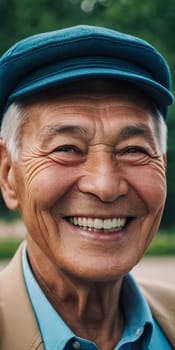 An elderly man wearing a light jacket and blue shirt smiles brightly, displaying happiness and contentment in a natural outdoor environment during the day. A resident of Kazakhstan. AI generated