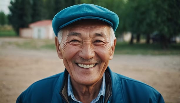 An elderly man wearing a light jacket and blue shirt smiles brightly, displaying happiness and contentment in a natural outdoor environment during the day. A resident of Kazakhstan. AI generated