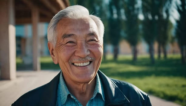 An elderly man wearing a light jacket and blue shirt smiles brightly, displaying happiness and contentment in a natural outdoor environment during the day. A resident of Kazakhstan. AI generated