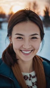 A woman 25 years old expresses her happiness with a bright smile while standing outdoors in a lively urban setting basking in the warm sunlight of the afternoon. A resident of Kazakhstan. AI generated