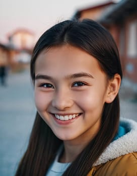 A cheerful young girl with long hair is smiling warmly, showcasing her happiness. Portrait of a pretty cheerful brunette girl, 15 years old, resident of Kazakhstan. Generative AI.