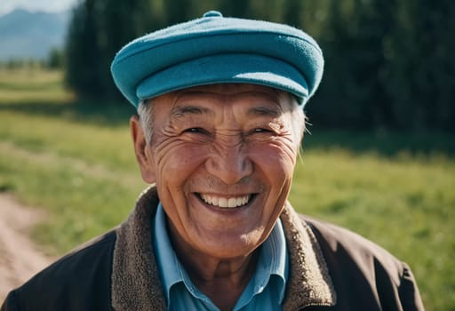 An elderly man wearing a light jacket and blue shirt smiles brightly, displaying happiness and contentment in a natural outdoor environment during the day. A resident of Kazakhstan. AI generated