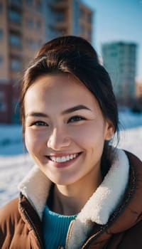 A woman 25 years old expresses her happiness with a bright smile while standing outdoors in a lively urban setting basking in the warm sunlight of the afternoon. A resident of Kazakhstan. AI generated