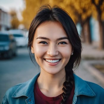 A woman 25 years old expresses her happiness with a bright smile while standing outdoors in a lively urban setting basking in the warm sunlight of the afternoon. A resident of Kazakhstan. AI generated