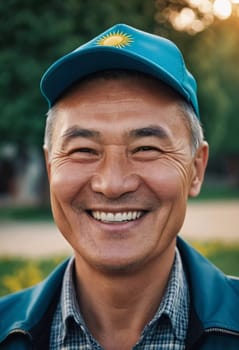 A man 50 years old with a genuine smile stands outside in a lively area showcasing a friendly demeanor and enjoying the beautiful day among vibrant surroundings. A resident of Kazakhstan. AI generate.