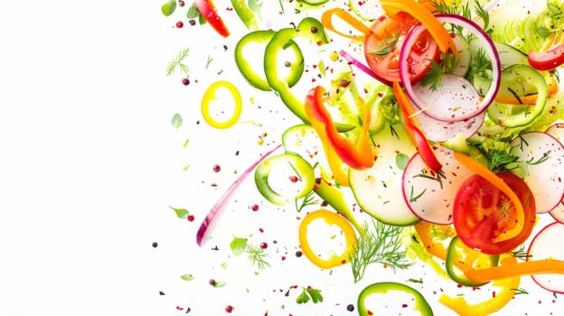 Colorful salad ingredients swirling with space for copy