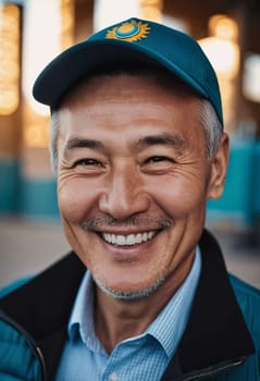 A man 50 years old with a genuine smile stands outside in a lively area showcasing a friendly demeanor and enjoying the beautiful day among vibrant surroundings. A resident of Kazakhstan. AI generate.