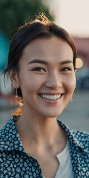 A woman 25 years old expresses her happiness with a bright smile while standing outdoors in a lively urban setting basking in the warm sunlight of the afternoon. A resident of Kazakhstan. AI generated