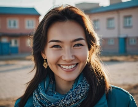 A woman 25 years old expresses her happiness with a bright smile while standing outdoors in a lively urban setting basking in the warm sunlight of the afternoon. A resident of Kazakhstan. AI generated