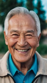 An elderly man wearing a light jacket and blue shirt smiles brightly, displaying happiness and contentment in a natural outdoor environment during the day. A resident of Kazakhstan. AI generated