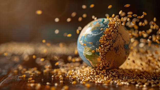 Conceptual representation of spinning grains forming a globe, symbolizing food security