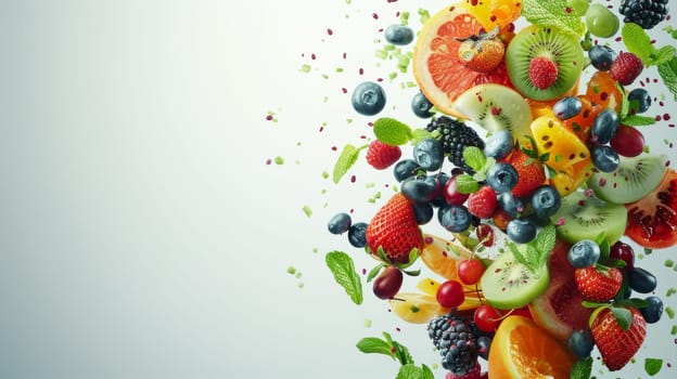 Colorful fruit salad spinning against a blank backdrop