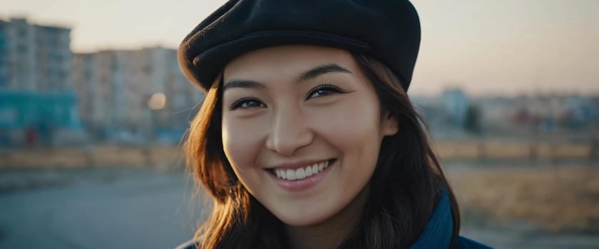 A woman 25 years old expresses her happiness with a bright smile while standing outdoors in a lively urban setting basking in the warm sunlight of the afternoon. A resident of Kazakhstan. AI generated