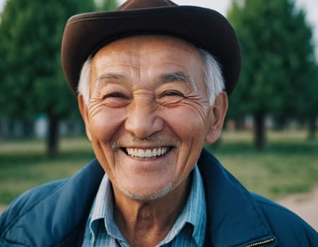 An elderly man wearing a light jacket and blue shirt smiles brightly, displaying happiness and contentment in a natural outdoor environment during the day. A resident of Kazakhstan. AI generated