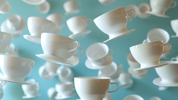 Contemporary composition of levitating tea cups in a scattered pattern