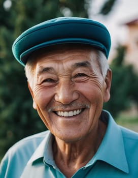 An elderly man wearing a light jacket and blue shirt smiles brightly, displaying happiness and contentment in a natural outdoor environment during the day. A resident of Kazakhstan. AI generated