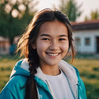 A cheerful young girl with long hair is smiling warmly, showcasing her happiness. Portrait of a pretty cheerful brunette girl, 15 years old, resident of Kazakhstan. Generative AI.