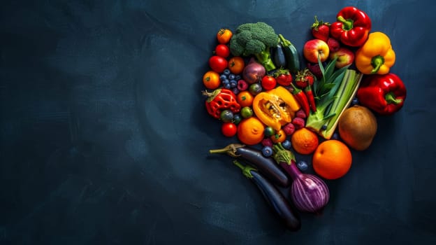 Conceptual image of spinning fruits and vegetables forming a heart, symbolizing healthy eating