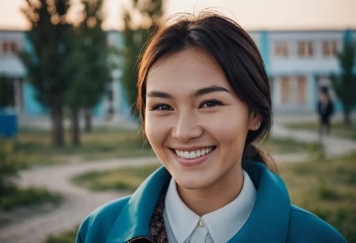 A woman 25 years old expresses her happiness with a bright smile while standing outdoors in a lively urban setting basking in the warm sunlight of the afternoon. A resident of Kazakhstan. AI generated