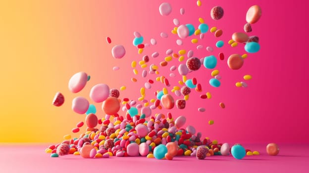 Contemporary poster design featuring levitating candy pieces with contemporary typography