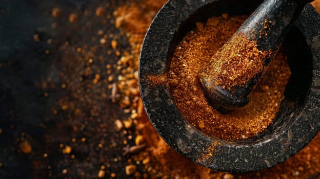 Darkened shape of spices swirling in a mortar and pestle