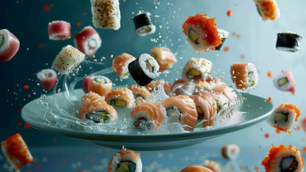 Contemporary poster featuring a spinning plate of sushi rolls