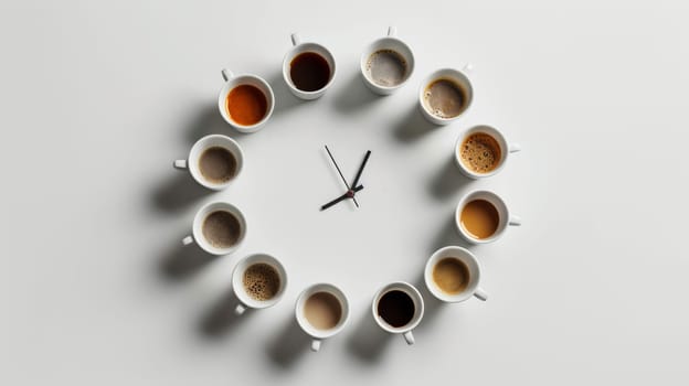 Conceptual image of spinning coffee cups forming a clock, representing the start of the day