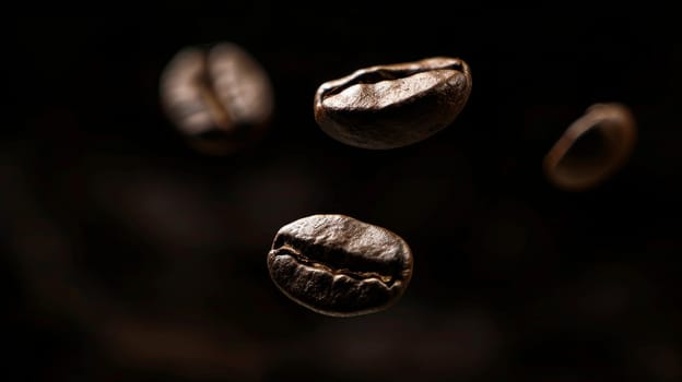 Dramatic silhouette of floating coffee beans captured in mid-air