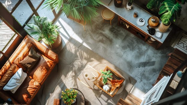 Drone view providing a captivating glimpse into interior decor arrangement