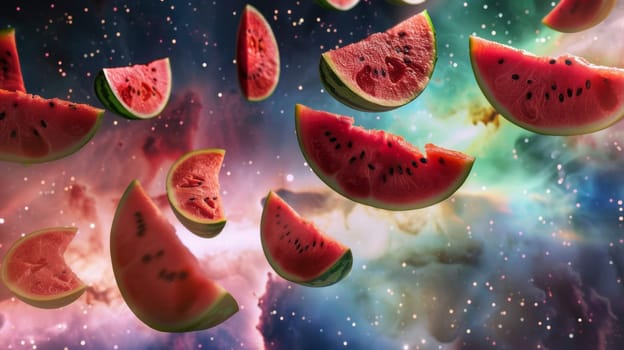 Dreamlike portrayal of spinning watermelon slices floating in outer space